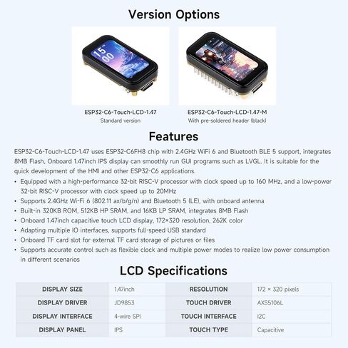 Waveshare ESP32-C6 لوحة تطوير شاشة تعمل باللمس مقاس 1.47 بوصة، دقة 172 × 320، لون عرض 262 ألف، يدعم Wi-Fi 6 / BLE 5، معالج RISC-V بسرعة 160 ميجاهرتز، مع رأس الدبوس in Saudi Arabia