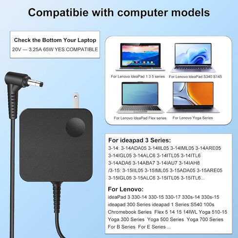 شاحن متوافق مع كمبيوتر Lenovo المحمول بقدرة 65 وات 45 وات ومحول تيار متردد بطرف مستدير مناسب لجهاز IdeaPad 330-14، 330-15، 330-17، 510-15، 330s-14، 330s-15، شاحن الكمبيوتر المحمول Flex 6-14 in Saudi Arabia