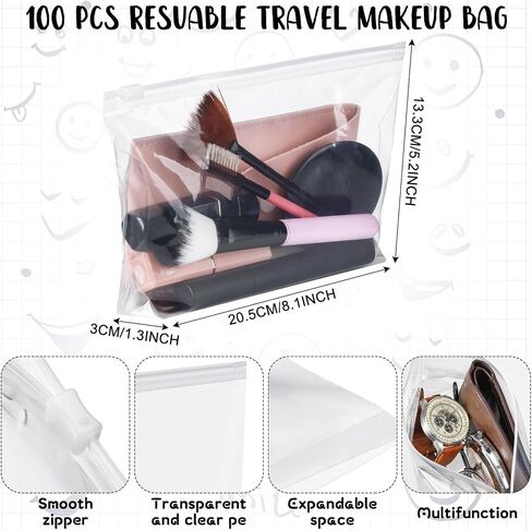 Bokon 100 Pcs Small Clear Cosmetic Bag Travel Clear Makeup Bag Bulk Reusable PE Cosmetic Pouch Travel Makeup Organizer with Zipper Toiletry Tote Handbags Purse Storage for Women in Kuwait