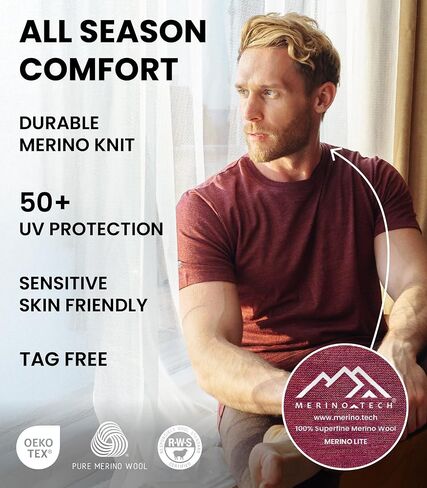 تي شيرت رجالي من صوف ميرينو من Merino.tech - طبقة أساسية خفيفة الوزن من صوف ميرينو العضوي بنسبة 100% in Kuwait