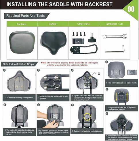 مقعد الدراجة مع مسند الظهر ، مقعد دراجة عريض إضافي مع دعم الظهر ، مقعد الدراجات للغاية مع سرج PU سرج مبطن لدراجة الجبال الإلكترونية ثلاثية الثلاثية ، ويشمل أدوات التثبيت in Kuwait