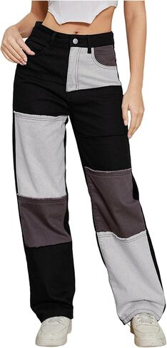 WDIRARA Women's Color Block Raw Hem High Waisted Jeans Straight Leg Denim Pants in Kuwait