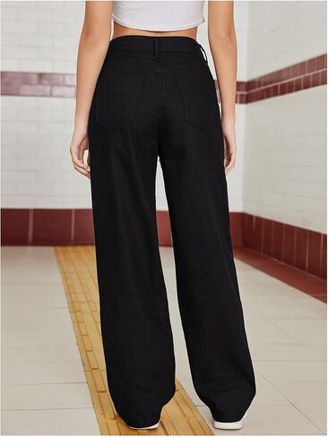 WDIRARA Women's Color Block Raw Hem High Waisted Jeans Straight Leg Denim Pants in Kuwait