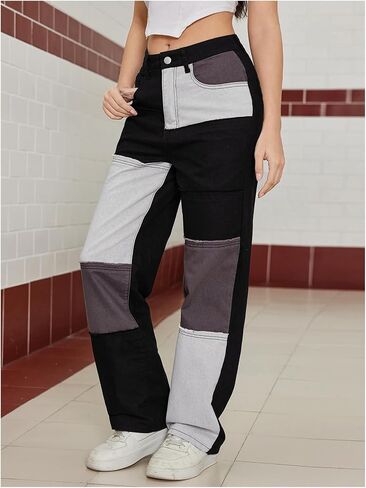 WDIRARA Women's Color Block Raw Hem High Waisted Jeans Straight Leg Denim Pants in Kuwait