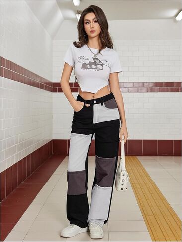 WDIRARA Women's Color Block Raw Hem High Waisted Jeans Straight Leg Denim Pants in Kuwait