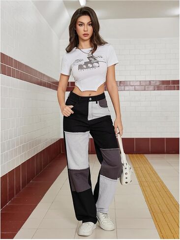 WDIRARA Women's Color Block Raw Hem High Waisted Jeans Straight Leg Denim Pants in Kuwait