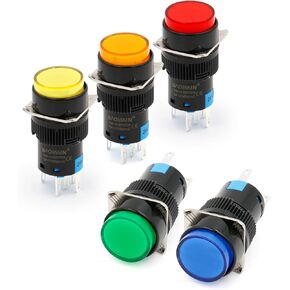 Baomain 5/8" 16mm Push Button Switch Momentary Round Cap LED Lamp Green Light DC 24V SPDT 5 Pin Pack of 5 in Kuwait
