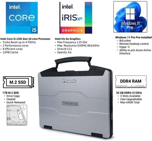باناسونيك Toughbook 55، FZ-55 MK2، Core i5-11th Gen، حتى 4.4 جيجا هرتز، 14 بوصة FHD، متعدد اللمس، 32 جيجا، 1 تيرابايت SSD، 4G LTE، Wi-Fi 6، كاميرا ويب، بدون USB-C، Intel Iris Xe Graphics، Windows 11 Pro in Saudi Arabia