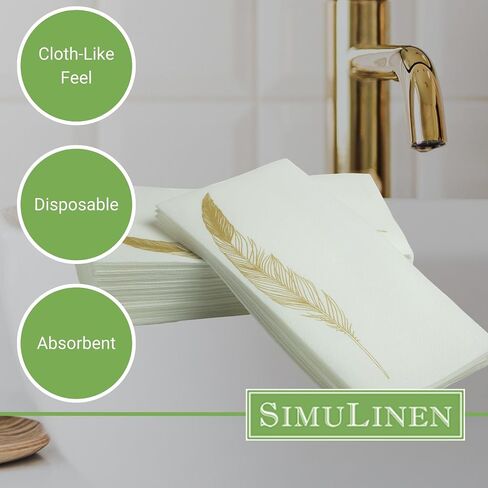 Disposable Guest Bathroom Hand Towels - Gold Floral Design - Linen-Feel Disposable Paper Towels, Cloth-Like Texture, Single-Use, Perfect Size: 12x17" Unfolded & 8.5x4" Folded - Box of 100 by SimuLinen in Saudi Arabia
