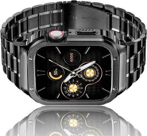 سوار ساعة HASLFM من الفولاذ المقاوم للصدأ مع حافظة متوافقة مع Apple Watch Series 11 10 (46 ملم)، حزام معدني وغطاء واقي متين لحافظات iWatch Bands للرجال، أسود in Kuwait