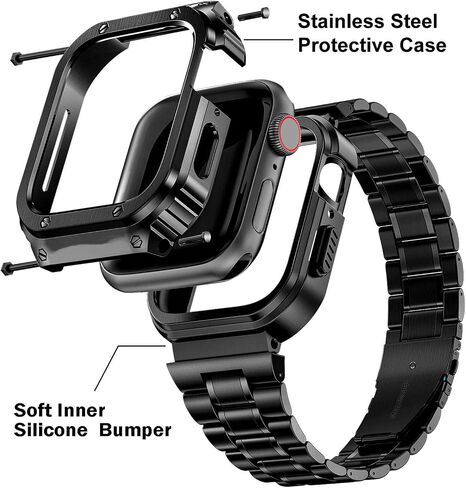سوار ساعة HASLFM من الفولاذ المقاوم للصدأ مع حافظة متوافقة مع Apple Watch Series 11 10 (46 ملم)، حزام معدني وغطاء واقي متين لحافظات iWatch Bands للرجال، أسود in Kuwait