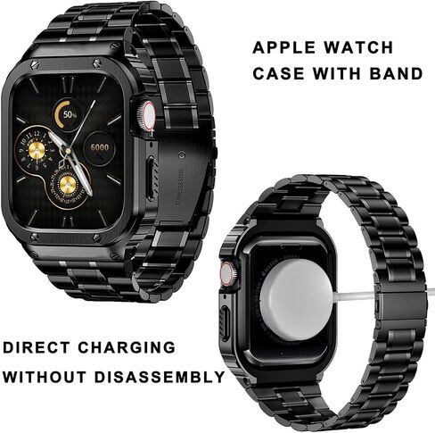 سوار ساعة HASLFM من الفولاذ المقاوم للصدأ مع حافظة متوافقة مع Apple Watch Series 11 10 (46 ملم)، حزام معدني وغطاء واقي متين لحافظات iWatch Bands للرجال، أسود in Kuwait