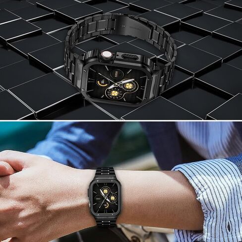 سوار ساعة HASLFM من الفولاذ المقاوم للصدأ مع حافظة متوافقة مع Apple Watch Series 11 10 (46 ملم)، حزام معدني وغطاء واقي متين لحافظات iWatch Bands للرجال، أسود in Kuwait