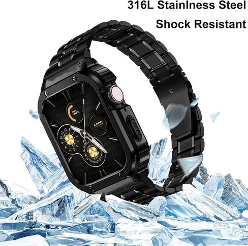سوار ساعة HASLFM من الفولاذ المقاوم للصدأ مع حافظة متوافقة مع Apple Watch Series 11 10 (46 ملم)، حزام معدني وغطاء واقي متين لحافظات iWatch Bands للرجال، أسود in Kuwait