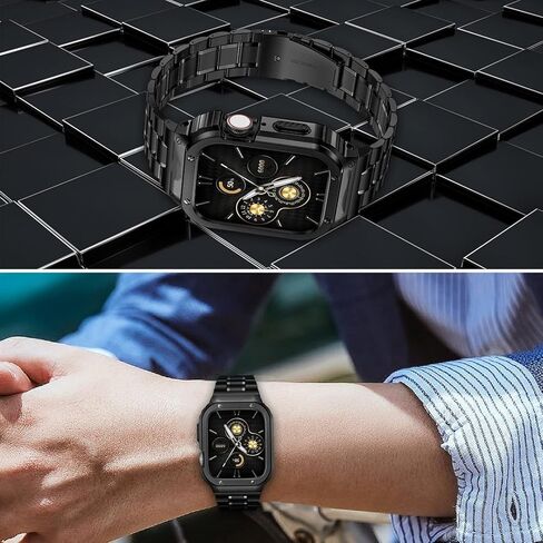 HASLFM Stainless Steel Watch Band with Case Compatible with Apple Watch Series 11 10(46mm),Metal Strap and Rugged Protective Cover for iWatch Bands Cases Men, Black in Kuwait