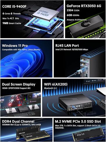 كمبيوتر مكتبي صغير للألعاب من ثديوكوتي كور i9-9900KF(8C، 16T، حتى 5.0 جيجاهرتز) 64 جيجابايت رام 4 تيرابايت SSD، RTX3050 6 جيجابايت، WIFI6/BT5.2، منفذ RJ45، نوع C، 8K شاشة مزدوجة كمبيوتر مكتبي صغير للألعاب/التصميم in Kuwait