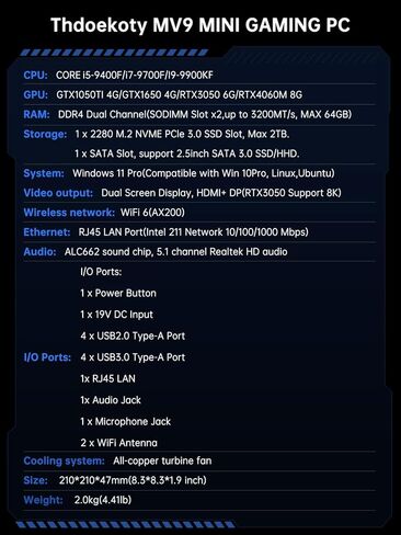 كمبيوتر مكتبي صغير للألعاب من ثديوكوتي كور i9-9900KF(8C، 16T، حتى 5.0 جيجاهرتز) 64 جيجابايت رام 4 تيرابايت SSD، RTX3050 6 جيجابايت، WIFI6/BT5.2، منفذ RJ45، نوع C، 8K شاشة مزدوجة كمبيوتر مكتبي صغير للألعاب/التصميم in Kuwait
