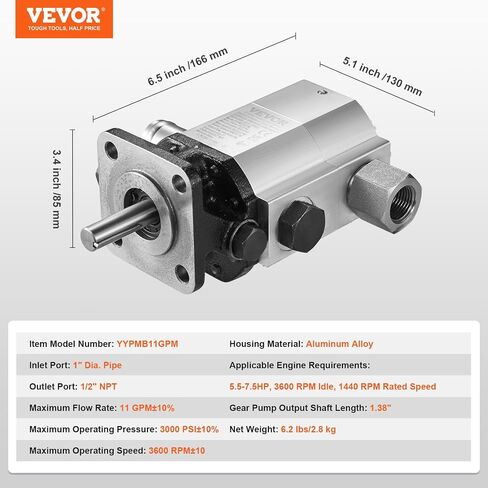 VEVOR Hydraulic Log Splitter Pump, 13GPM, 2 Stage 3000PSI Wood Log Splitter Pump, 1'' Inlet 1/2'' NPT Outlet 3600 RPM Aluminum Hydraulic Gear Pump, for Small Engine Mounting Log Splitters Snowplow in Saudi Arabia