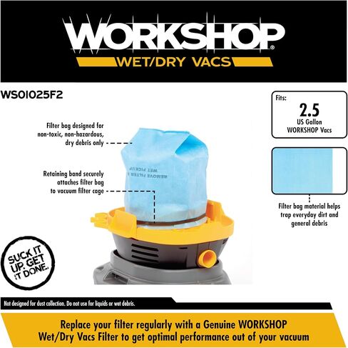 WORKSHOP Wet Dry Vacuum Bags WS01025F Shop Vacuum Bag Filter (3 أكياس مكنسة صغيرة مع حزام تمساح)، فلتر حقيبة لاختيار 2-1/2 جالون إلى 5 جالون مكنسة كهربائية in Kuwait