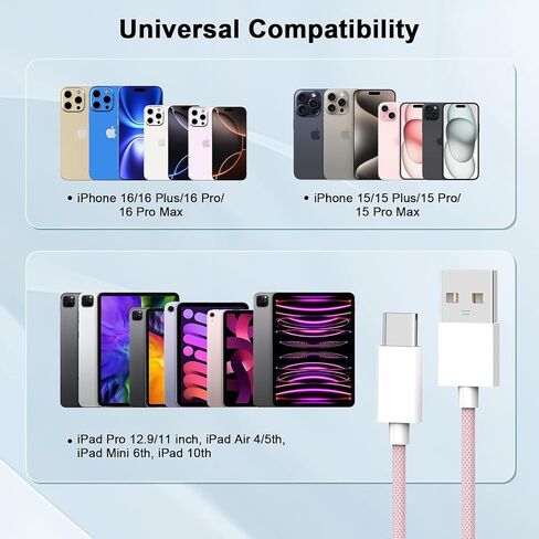 [MFi Certified] Car Carplay Cable for iPhone 16/16 Plus/16 Pro/16 Pro Max/15/15 Plus/15 Pro/15 Pro Max, 2 Pack USB A to USB C Charging Cord, 3FT Woven iPhone 16 Carplay Cable Cord, Pink in Saudi Arabia