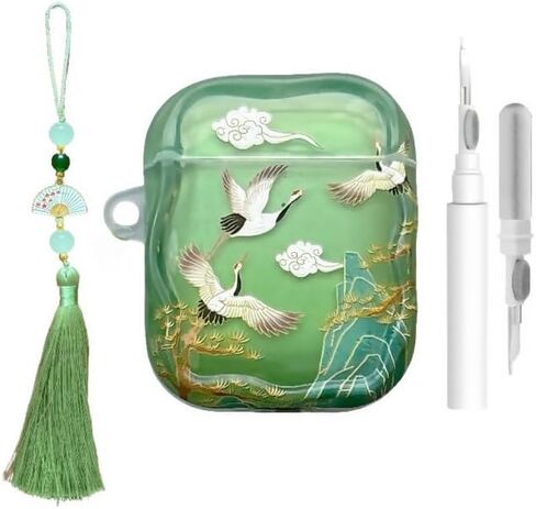 Lucky Crane Case for AirPod Pro 3, Green Cover Soft TPU Protective Skin Shockproof with Green White Fan Beaded Tassel Keychain and Cleaning Kit, Compatible with Airpods Pro 3 Generation in Saudi Arabia