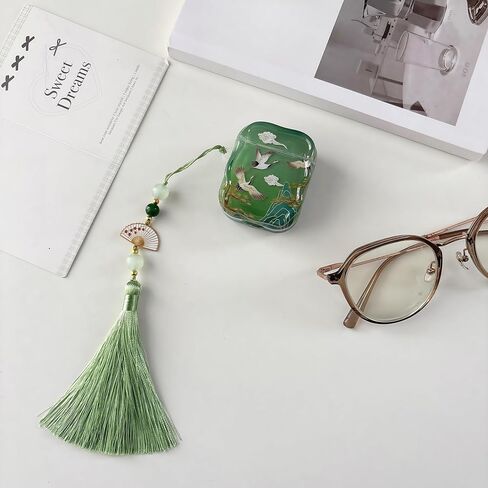 Lucky Crane Case for AirPod Pro 3, Green Cover Soft TPU Protective Skin Shockproof with Green White Fan Beaded Tassel Keychain and Cleaning Kit, Compatible with Airpods Pro 3 Generation in Saudi Arabia
