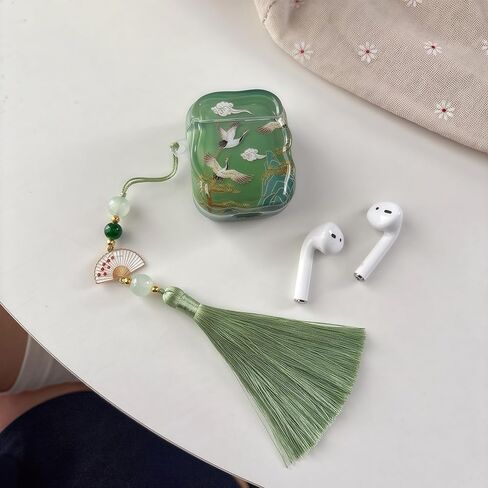 Lucky Crane Case for AirPod Pro 3, Green Cover Soft TPU Protective Skin Shockproof with Green White Fan Beaded Tassel Keychain and Cleaning Kit, Compatible with Airpods Pro 3 Generation in Saudi Arabia
