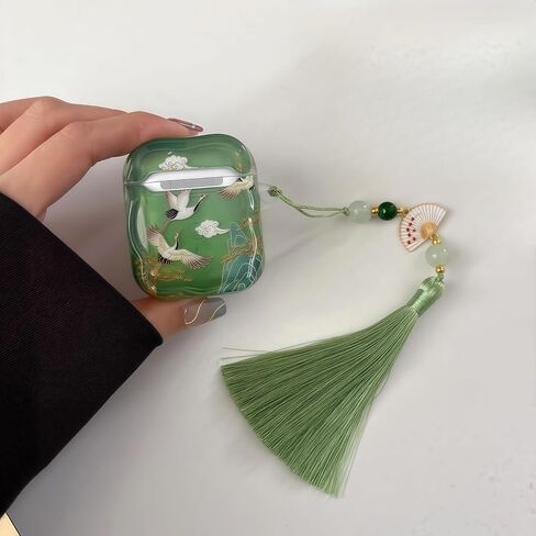 Lucky Crane Case for AirPod Pro 3, Green Cover Soft TPU Protective Skin Shockproof with Green White Fan Beaded Tassel Keychain and Cleaning Kit, Compatible with Airpods Pro 3 Generation in Saudi Arabia