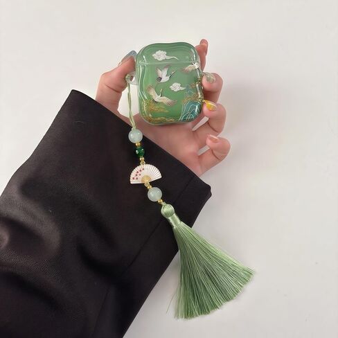 Lucky Crane Case for AirPod Pro 3, Green Cover Soft TPU Protective Skin Shockproof with Green White Fan Beaded Tassel Keychain and Cleaning Kit, Compatible with Airpods Pro 3 Generation in Saudi Arabia