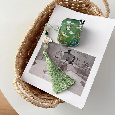 Lucky Crane Case for AirPod Pro 3, Green Cover Soft TPU Protective Skin Shockproof with Green White Fan Beaded Tassel Keychain and Cleaning Kit, Compatible with Airpods Pro 3 Generation in Saudi Arabia