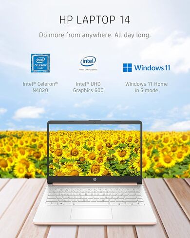 كمبيوتر محمول HP 14-dq0030nr 14، Intel Celeron N4020، ذاكرة وصول عشوائي 4 جيجابايت، تخزين 64 جيجابايت، شاشة Micro-edge HD 14 بوصة، Windows 11 Home، رفيع ومحمول، رسومات 4K، سنة واحدة من Microsoft 365 (2021، ذهبي وردي شاحب) in Kuwait