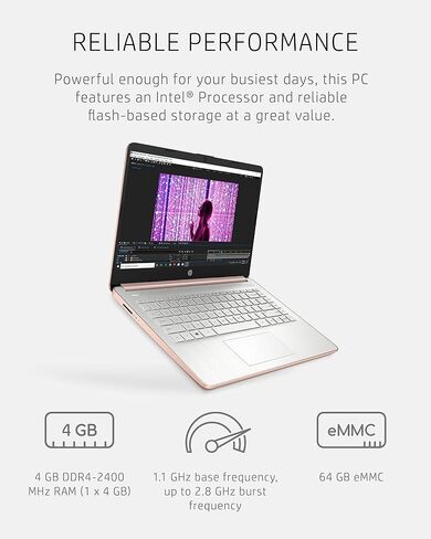 كمبيوتر محمول HP 14-dq0030nr 14، Intel Celeron N4020، ذاكرة وصول عشوائي 4 جيجابايت، تخزين 64 جيجابايت، شاشة Micro-edge HD 14 بوصة، Windows 11 Home، رفيع ومحمول، رسومات 4K، سنة واحدة من Microsoft 365 (2021، ذهبي وردي شاحب) in Kuwait