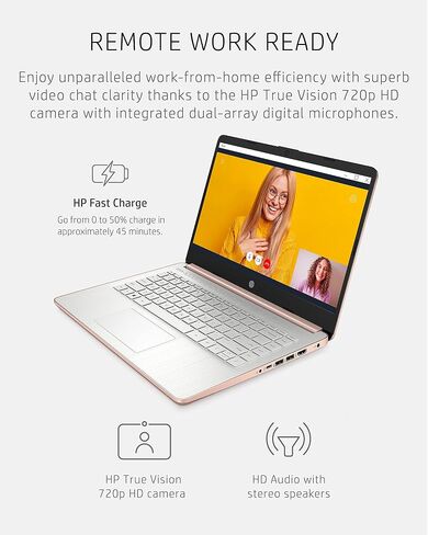 كمبيوتر محمول HP 14-dq0030nr 14، Intel Celeron N4020، ذاكرة وصول عشوائي 4 جيجابايت، تخزين 64 جيجابايت، شاشة Micro-edge HD 14 بوصة، Windows 11 Home، رفيع ومحمول، رسومات 4K، سنة واحدة من Microsoft 365 (2021، ذهبي وردي شاحب) in Kuwait
