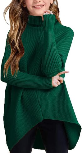 Virmoku Girls Sweaters for Kids Sweater Dress 10-12 Oversized Long Sleeve Casual Asymmetric Hem Knit Jumper Dresses Tops in Kuwait