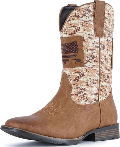 أحذية رعاة البقر IUV للرجال حذاء غربي تقليدي بعلم أمريكي قديم بمقدمة مربعة أحذية عمل ريفية in Kuwait