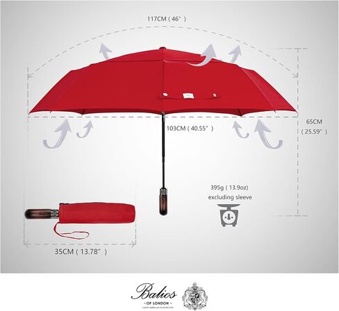 Balios Travel Folding Umbrella with Real Wood Handle Auto Open Close Vented Windproof Canopy - Designed in UK in Kuwait