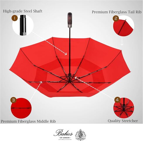 Balios Travel Folding Umbrella with Real Wood Handle Auto Open Close Vented Windproof Canopy - Designed in UK in Kuwait
