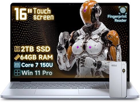 كمبيوتر محمول بشاشة تعمل باللمس مقاس 16 بوصة من Dell - معالج Intel 10-Core 7 150U - شاشة FHD+ مقاس 16 بوصة - مفتاح طيار للأعمال يعمل بالذكاء الاصطناعي، قارئ بصمات الأصابع، لوحة مفاتيح بإضاءة خلفية، مسجل صوت RECOLX AI، Win 11 Pro (64 جيجابايت DDR5 | 2 تيرا in Kuwait