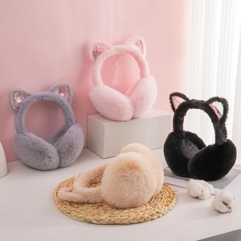 sazujinwu أغطية أذن شتوية للأطفال على شكل قطة لطيفة للفتيات، ناعمة ودافئة، قابلة للطي، تناسب معظم الأطفال (مقاس واحد) in Kuwait