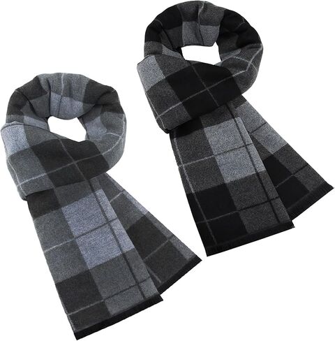 2 Packs Cashmere Feel Winter Scarf for Men, Soft Warm Black Grey Plaid Stripe Mens Scarf Set Selection Husband Father Gift in Saudi Arabia