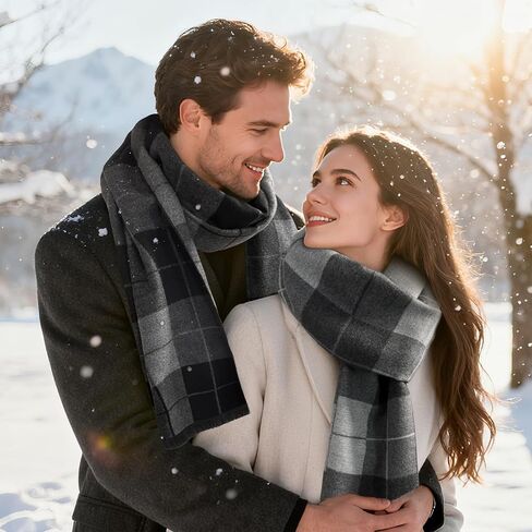 2 Packs Cashmere Feel Winter Scarf for Men, Soft Warm Black Grey Plaid Stripe Mens Scarf Set Selection Husband Father Gift in Saudi Arabia