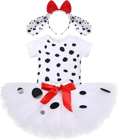 IBTOM CASTLE Dalmatian Dog 1st Birthday Baby Girls Outfit Paw Print Romper+Tutu Skirt+Dog Ears Princess for Kids Photo Shoot in Kuwait