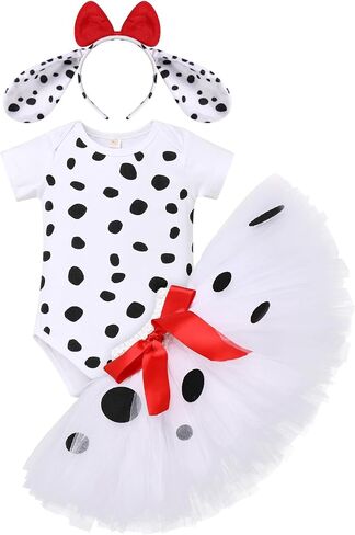 IBTOM CASTLE Dalmatian Dog 1st Birthday Baby Girls Outfit Paw Print Romper+Tutu Skirt+Dog Ears Princess for Kids Photo Shoot in Kuwait
