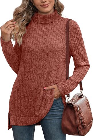 WIHOLL Womens Tunic Tops Turtleneck Long Sleeve Side Split High Low Lightweight Sweaters in Kuwait