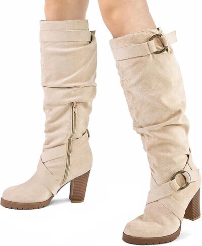 mysoft Women's Knee High Boots Fashion Chunky Block Heel Warm Winter Boots with Side Zippers in Kuwait