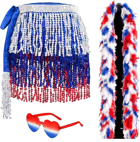 Sequin Skirt - Sequin Skirt for Women Fringe Skirt Belly Dance Rave Disco Cowgirl Sparkle Skirt, with Sunglasses + Boa in Kuwait