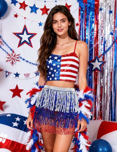 Sequin Skirt - Sequin Skirt for Women Fringe Skirt Belly Dance Rave Disco Cowgirl Sparkle Skirt, with Sunglasses + Boa in Kuwait