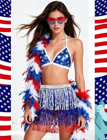 Sequin Skirt - Sequin Skirt for Women Fringe Skirt Belly Dance Rave Disco Cowgirl Sparkle Skirt, with Sunglasses + Boa in Kuwait