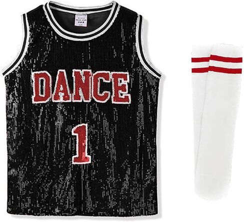 LOLANTA Girls Hip Hop Dance Clothes Kids Jersey Sequin Dress Long Tank Top Jazz Costume Cheerleading T-Shirt in Kuwait