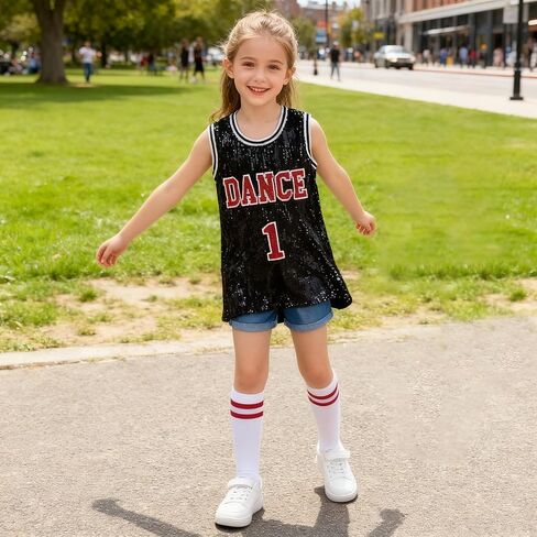 LOLANTA Girls Hip Hop Dance Clothes Kids Jersey Sequin Dress Long Tank Top Jazz Costume Cheerleading T-Shirt in Kuwait